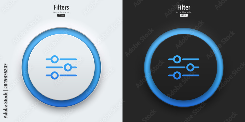 Poster Filter icon. A set of black and white buttons have blue neon lights with a filter symbol. Icon in trendy neumorphic style for apps, websites, and interfaces.  UI UX element. Vector illustration.