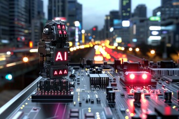 Futuristic robot in a busy city street, representing the role of artificial intelligence in urban environments and modern technology