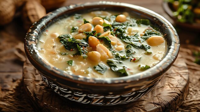 A closeup of Mozambican matapa with cassava leaves, peanuts, and coconut milk, served in a traditional bowl, natural daylight