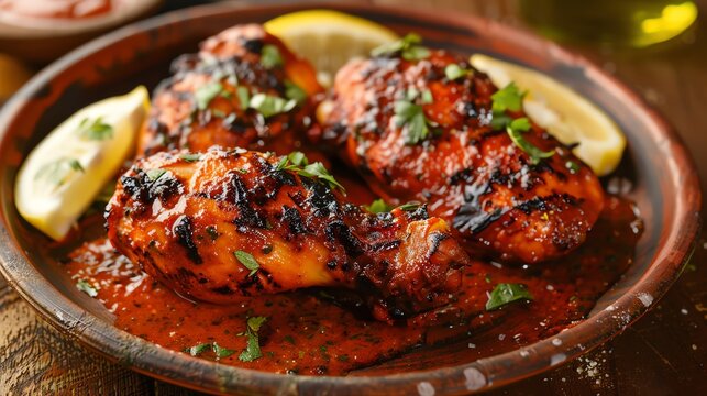 A closeup of Mozambican periperi chicken with a rich, spicy sauce, grilled to perfection, garnished with lemon wedges, served on a rustic plate, warm afternoon light