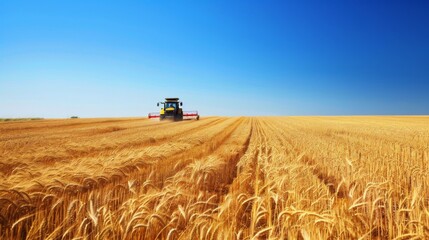 Obraz premium Golden Harvest: Modern Tractor in Wheat Field under Clear Blue Sky | Marketing Material Ready Image