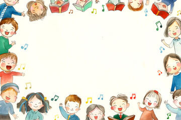 Children choir and Music Notes illustration in a border frame design. Copy space concept