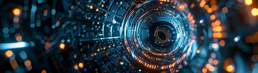 Obraz premium Futuristic digital tunnel with glowing blue and orange lights, abstract technology background perfect for sci-fi and innovation themes.