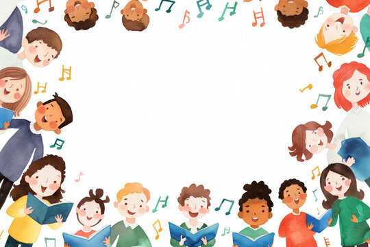 Children choir and Music Notes illustration in a border frame design. Copy space concept