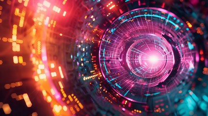 Obraz premium Futuristic glowing tunnel with vibrant neon lights and intricate technological patterns, showcasing advanced digital innovation and cyber technology.