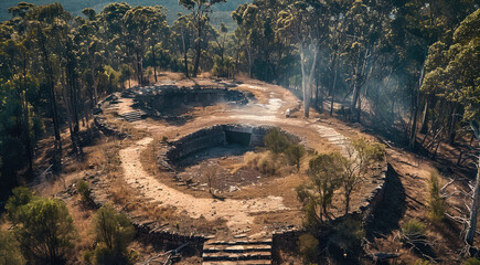 The variant of firebreak and defensible space, a large scale, dendritical spreading berm and bunker structure. Aerial high view. Generative AI.