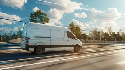 White delivery van speeding down a multi lane highway on a sunny day