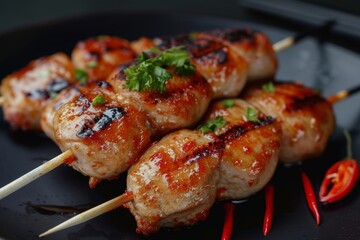 succulent grilled chicken skewers garnished with fresh herbs