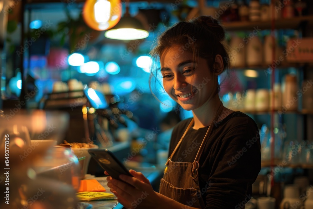 Poster A woman stands in front of a counter, holding a cell phone and possibly checking messages or making a call