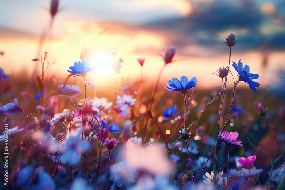 Poster a serene scene with a field of flowers and a beautiful sunset in the background, perfect for use in 