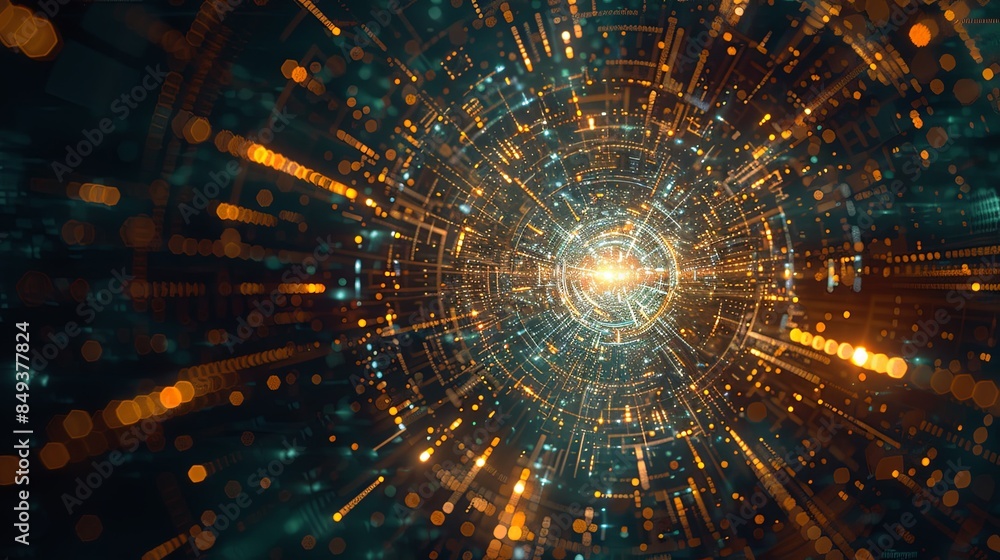 Poster an abstract visualization of big data processing, featuring massive information streams and intricat