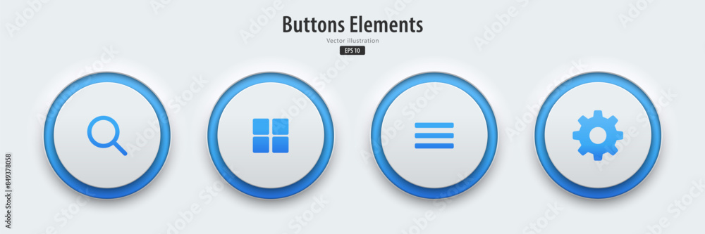 Aufkleber Search, navigation, home, and setting  icon. White buttons have blue neon lights with symbols. Icon in trendy neumorphic style for apps, websites, and interfaces. UI UX elements. Vector illustration.