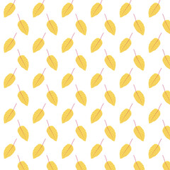 Seamless pattern for fabric and textiles. A yellow aspen leaf flying in the wind on white background. Vector flat illustration. Print for packaging and wrapping paper. Autumn leaves falling from tree.