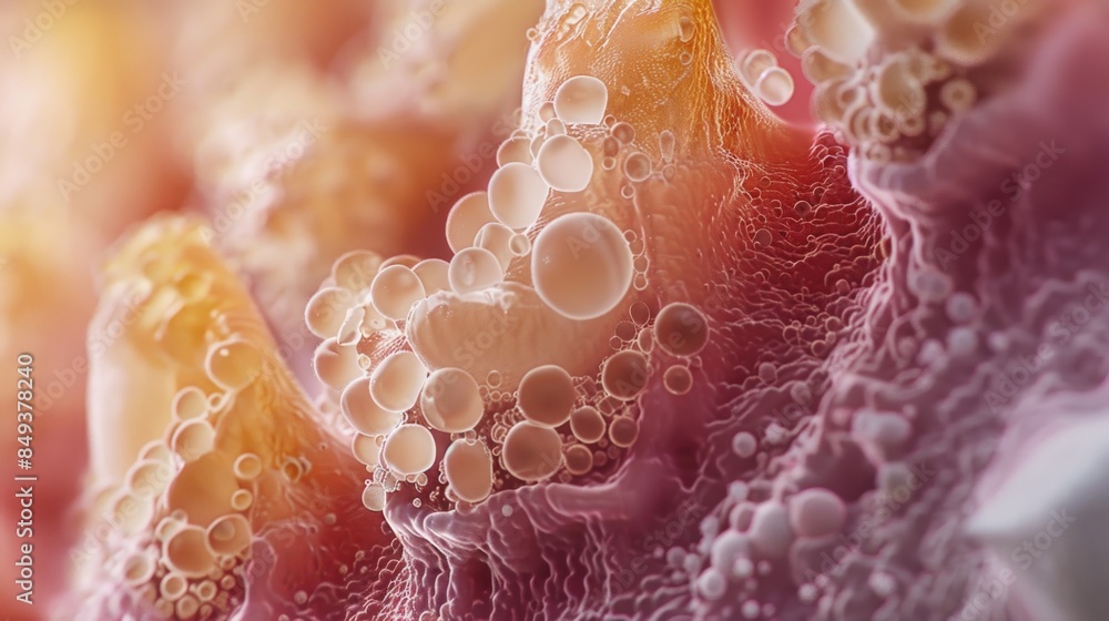 Poster A close-up view of a cluster of bubbles with varying shapes and sizes