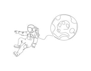 Continuous one line drawing of astronaut on the moon. One line drawing illustration of astronaut exploring outer space. National space day concept continuous line art. Editable outline.