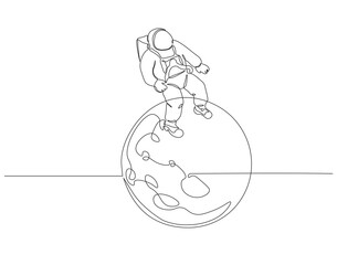Continuous one line drawing of astronaut on the moon. One line drawing illustration of astronaut exploring outer space. National space day concept continuous line art. Editable outline.