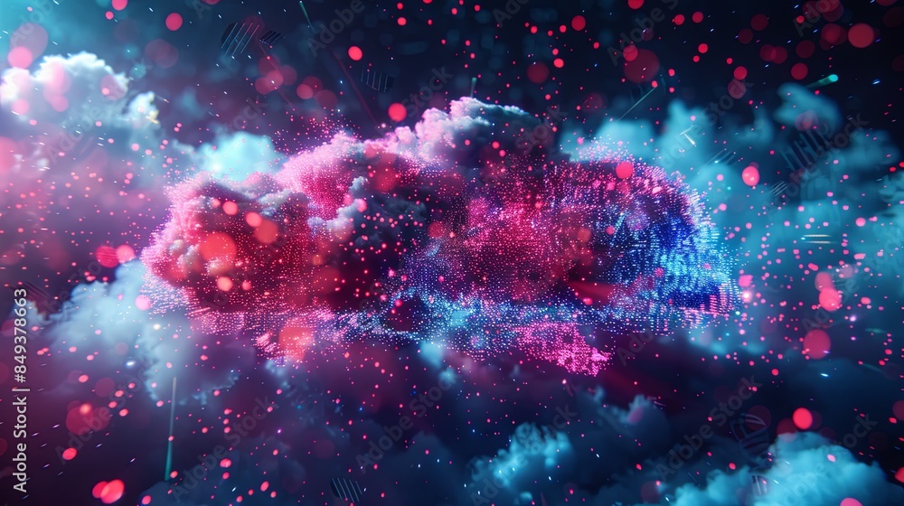 Poster futuristic digital art shows cloud computing with data and ai elements in a dynamic, abstract design