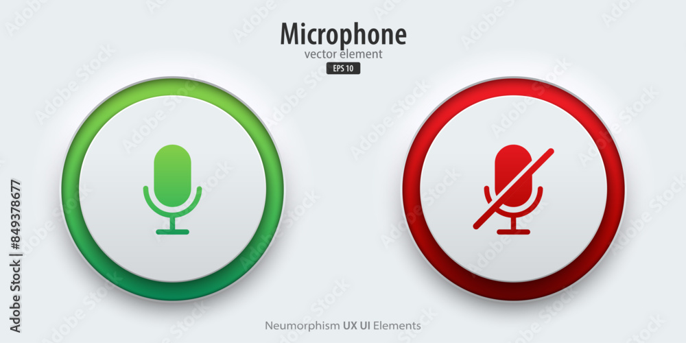 Poster Microphone icon. White buttons have neon lights with a microphone on-off symbols. 3D icon in trendy neumorphic style for apps, websites, and interfaces. UI UX element. Vector illustration.