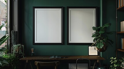 A dark forest green wall in a cozy study, featuring a pair of black frames hung side by side. The...