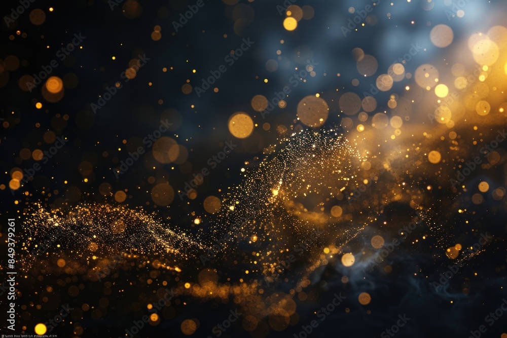 Poster Blurry image of a dark background with gold sparkles, ideal for use in designs where subtle shine is needed