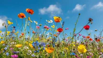 Naklejka premium spring meadow filled with wildflowers under a clear blue sky 