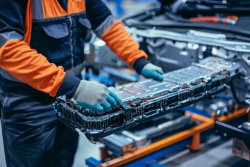 Mechanical Expertise: Mechanic Inspects Electric Car Battery Pack for Safety and Performance in Workshop