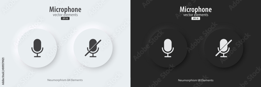 Aufkleber microphone icon. a set of black and white round buttons with a microphone on-off symbols. 3d icon in