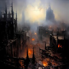 City destroy, urban destruction, apocalypse, devastation, ruins, catastrophe, disaster, war-torn, annihilation, rubble, chaos, wreckage, abandoned, post-apocalyptic, crumbling, demolition, fallout, co