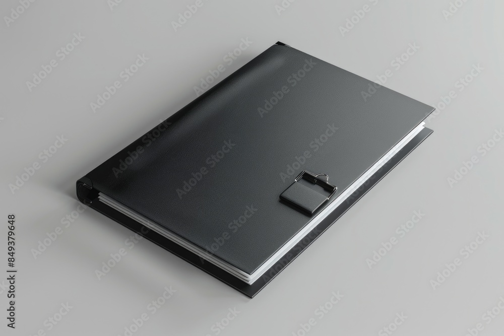 Poster a black book with a metal cover placed on a table, suitable for use as a prop in various settings