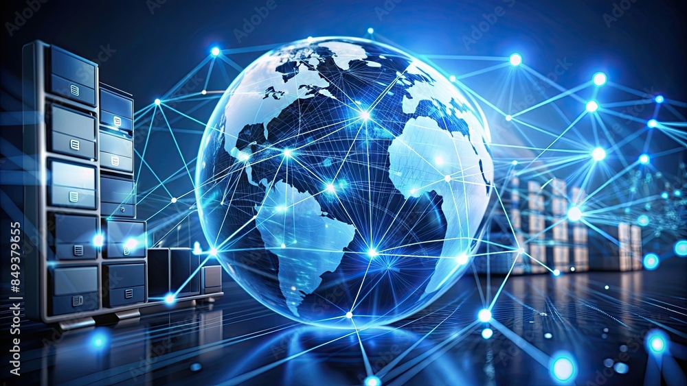 Poster a businessman has access to a global network that connects to information retrieval, document manage