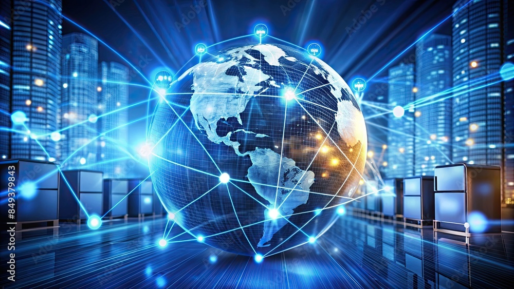 Poster a businessman has access to a global network that connects to information retrieval, document manage