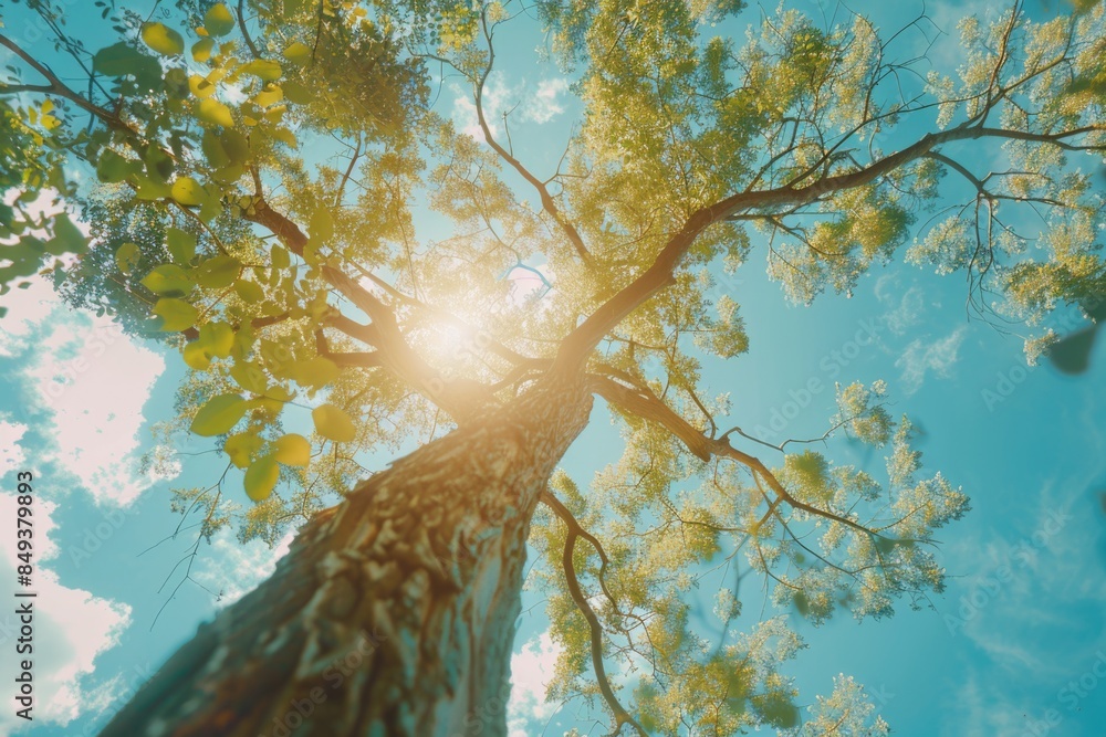 Poster a sunny day scene with a tree branch lit up by the sun, ideal for use in bright and cheerful context