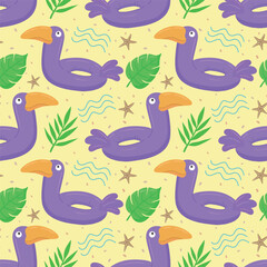 Seamless pattern with purple toucan. A float for the pool. Inflatable colorful toucans, starfish and palm leaves. A swimming circle. Vector template for your summer beach design
