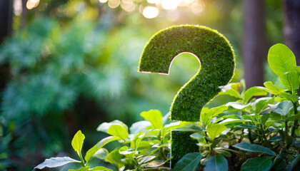 question mark symbol covered in lush green plants against a vibrant green background. The image includes ample space on the right side for captions or text, highlighting nature and inquiry themes