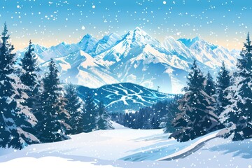 Obraz premium A serene winter scene featuring snow-covered pine trees and distant mountains
