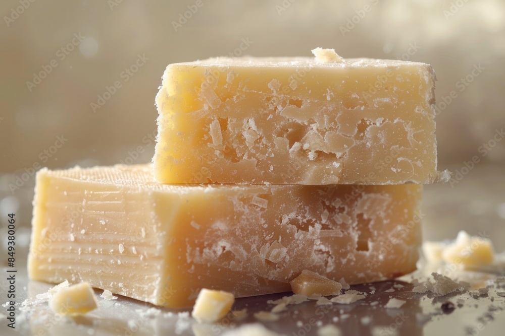 Poster a block of cheese sitting on a table, perfect for snacking or serving at a party