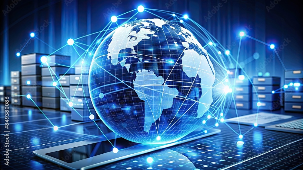 Poster a businessman has access to a global network that connects to information retrieval, document manage