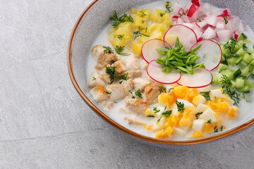Okroshka smoked chicken breast - Russian cold soup with vegetables on white wooden background. Selective focus