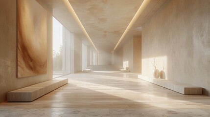 Obraz premium Minimalist hallway with soft natural light streaming through large windows, featuring smooth wooden flooring and simple, elegant decor.