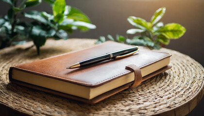 pen rests atop a closed journal on a wooden table, symbolizing creativity, reflection, and the beginning of new ideas. The natural light and minimalist setup convey a sense of calm and focus