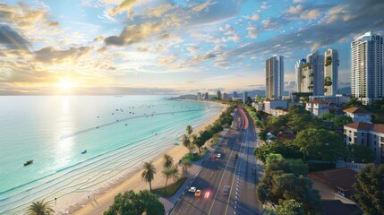 Aerial view of beach road with hotels and skyscrapers.