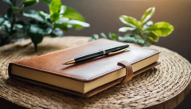 pen rests atop a closed journal on a wooden table, symbolizing creativity, reflection, and the beginning of new ideas. The natural light and minimalist setup convey a sense of calm and focus