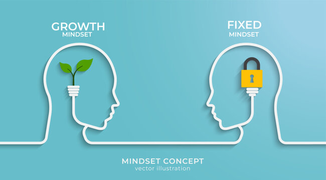 Mindset concept with head silhouette. Heads of two persons one with growth mindset vs fixed mindset. Vector illustration design for template design, business, infographic, web, brochure and banner.