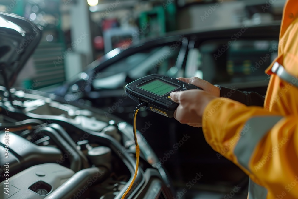 Poster mechanic diagnosing vehicle issues with handheld scanner in a modern garage setting