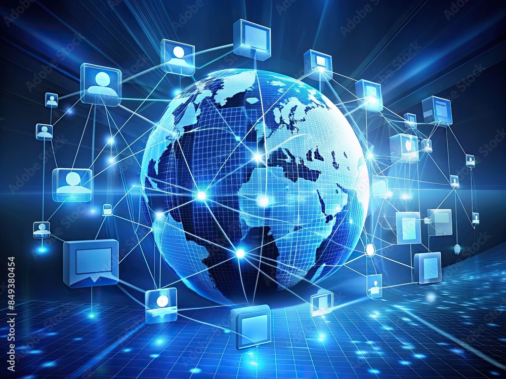 Poster a businessman has access to a global network that connects to information retrieval, document manage