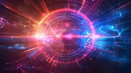 Vibrant futuristic digital globe representing global connectivity and technology with glowing neon lights and dynamic energy patterns.