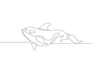 Continuous one line drawing of orca whale. One line drawing illustration of whale killer fish. World aquatic animal day concept continuous line art. Editable outline.