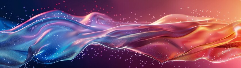 Obraz premium Vibrant, colorful abstract waves with sparkling particles on a gradient background, creating a dynamic and visually striking scene.