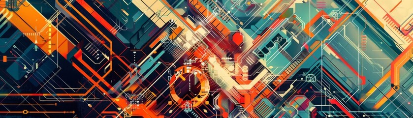 Vivid abstract digital art with geometric patterns and vibrant colors creating dynamic and futuristic visual effects.