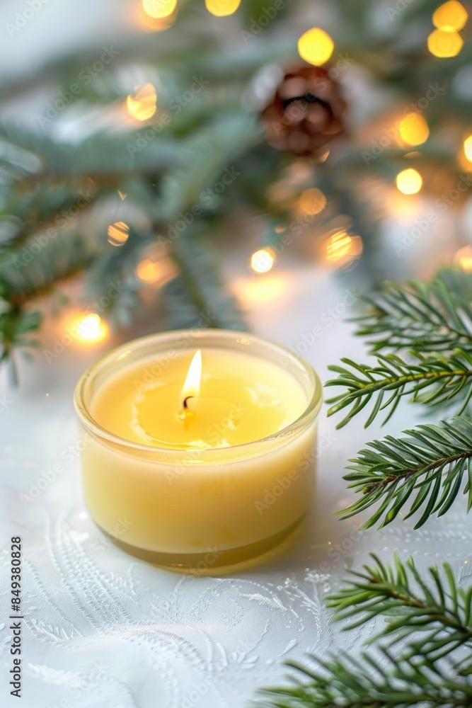 Poster A single lit candle placed on top of a table with a simple background